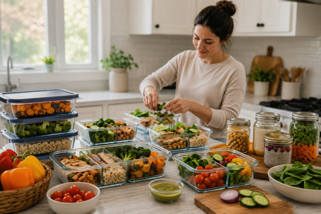 Healthy meal prep for busy moms with organized make-ahead meals in glass containers