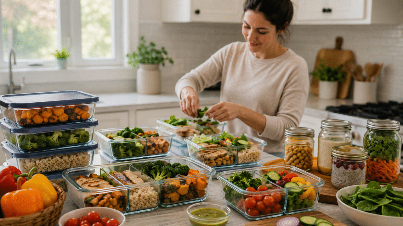 Healthy meal prep for busy moms with organized make-ahead meals in glass containers