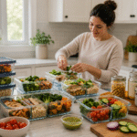 Healthy meal prep for busy moms with organized make-ahead meals in glass containers