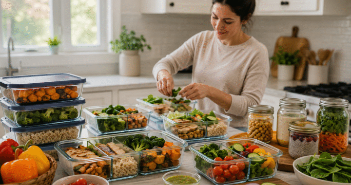 Healthy meal prep for busy moms with organized make-ahead meals in glass containers
