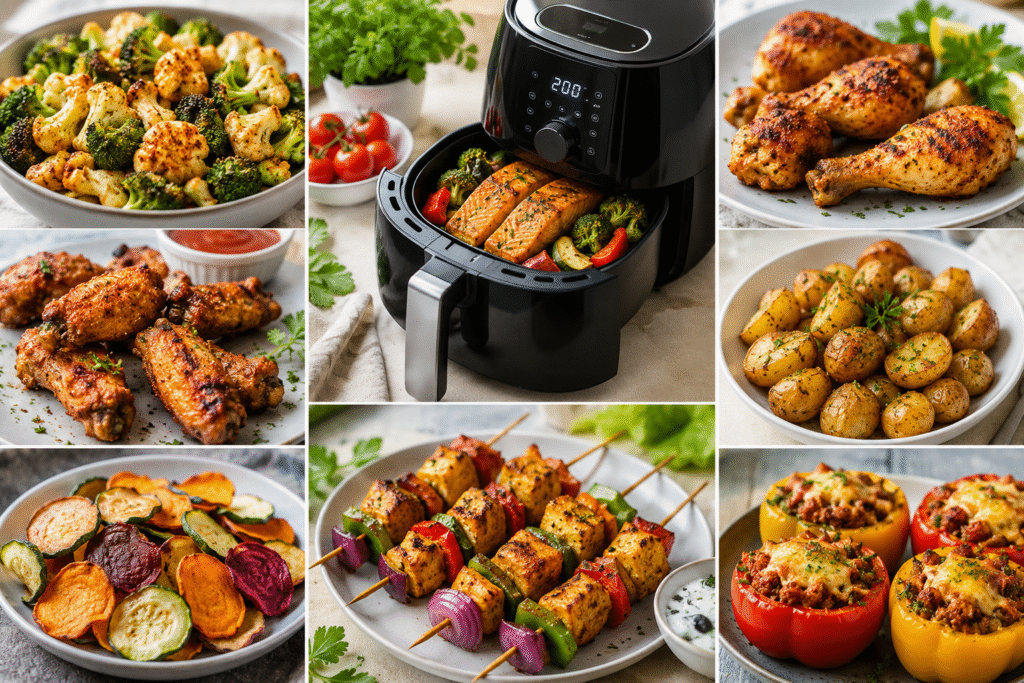 Healthy air fryer recipes including chicken, salmon, vegetables, potatoes, and family-friendly meals for quick weight loss.