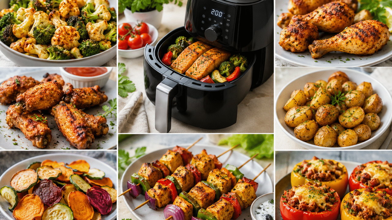 Healthy air fryer recipes including chicken, salmon, vegetables, potatoes, and family-friendly meals for quick weight loss.