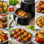 Healthy air fryer recipes including chicken, salmon, vegetables, potatoes, and family-friendly meals for quick weight loss.