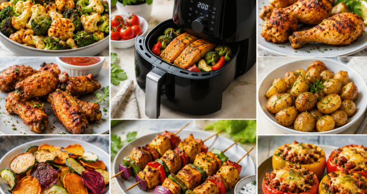 Healthy air fryer recipes including chicken, salmon, vegetables, potatoes, and family-friendly meals for quick weight loss.