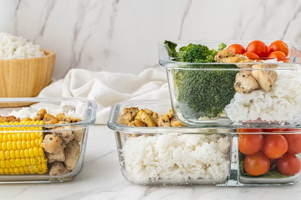 Healthy chicken rice meal prep bowls with vegetables in glass containers