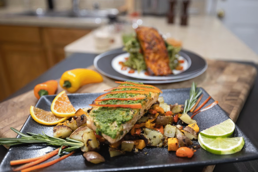 Baked salmon with roasted sweet potatoes meal prep containers