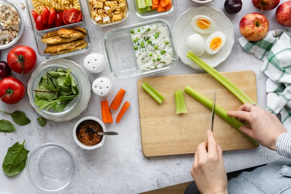 Weekly healthy meal prep containers arranged on a kitchen countertop