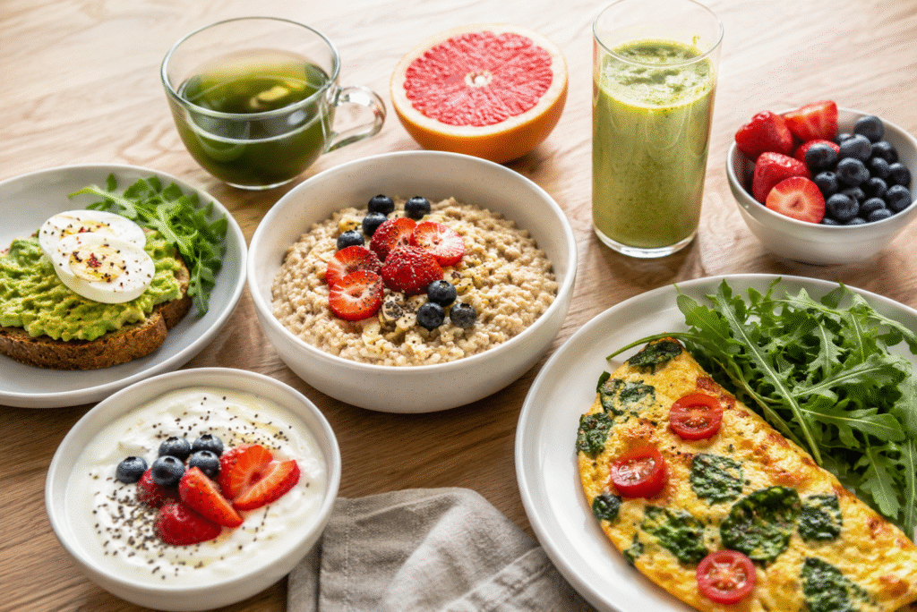 Healthy low calorie breakfast with eggs, berries, oatmeal, yogurt, and avocado toast