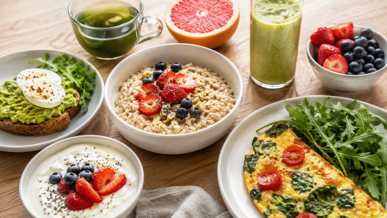 Healthy low calorie breakfast with eggs, berries, oatmeal, yogurt, and avocado toast