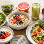 Healthy low calorie breakfast with eggs, berries, oatmeal, yogurt, and avocado toast