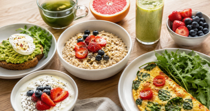 Healthy low calorie breakfast with eggs, berries, oatmeal, yogurt, and avocado toast
