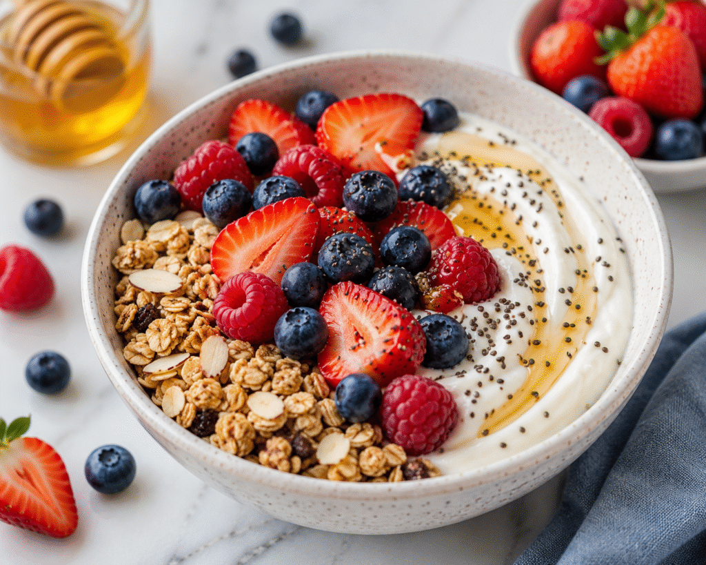 Healthy low calorie breakfast with Greek yogurt, berries, chia seeds, and almonds