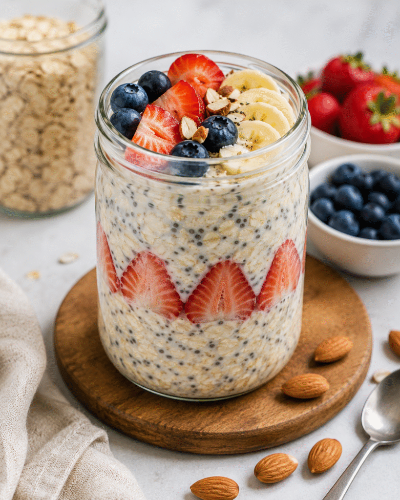 Healthy overnight oats with berries for a low calorie breakfast