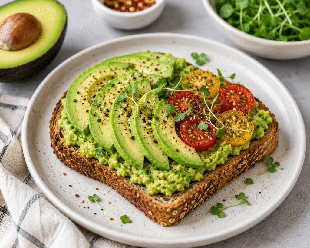 Whole grain avocado toast with tomatoes for a healthy low calorie breakfast