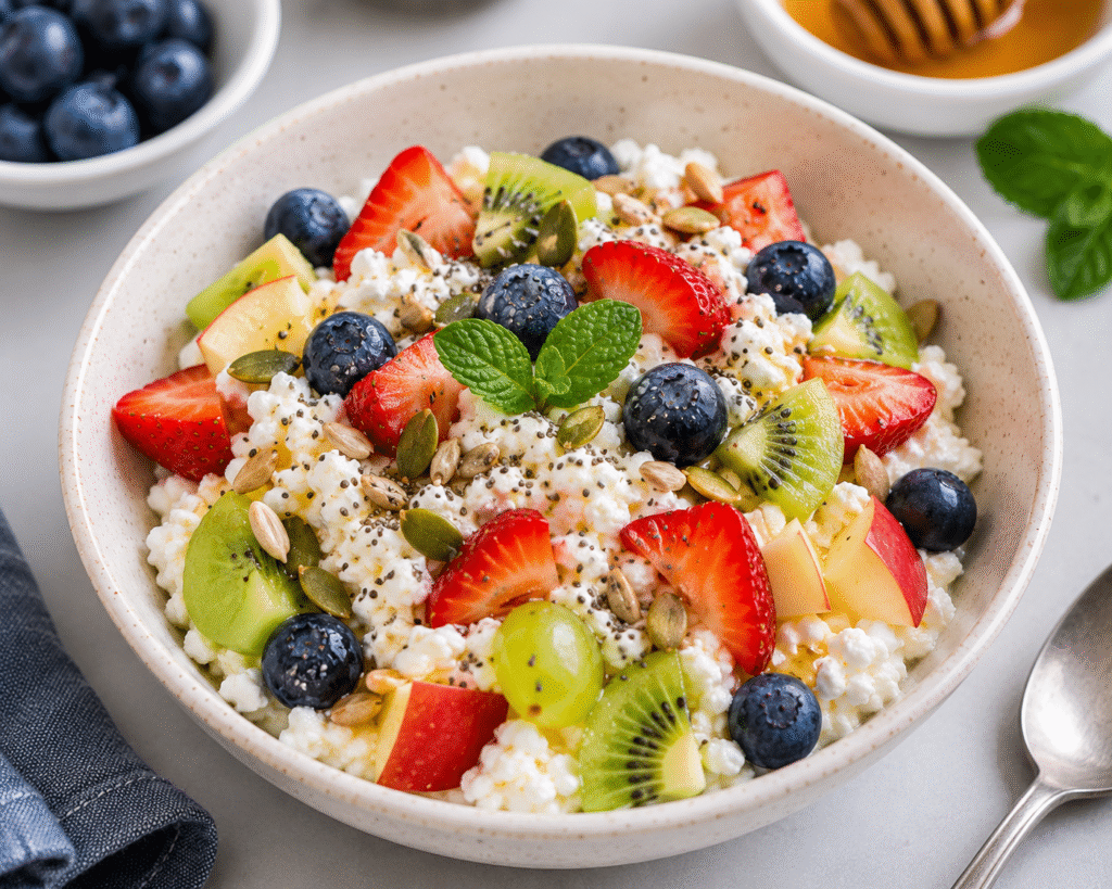 Low calorie breakfast with cottage cheese and fresh fruit