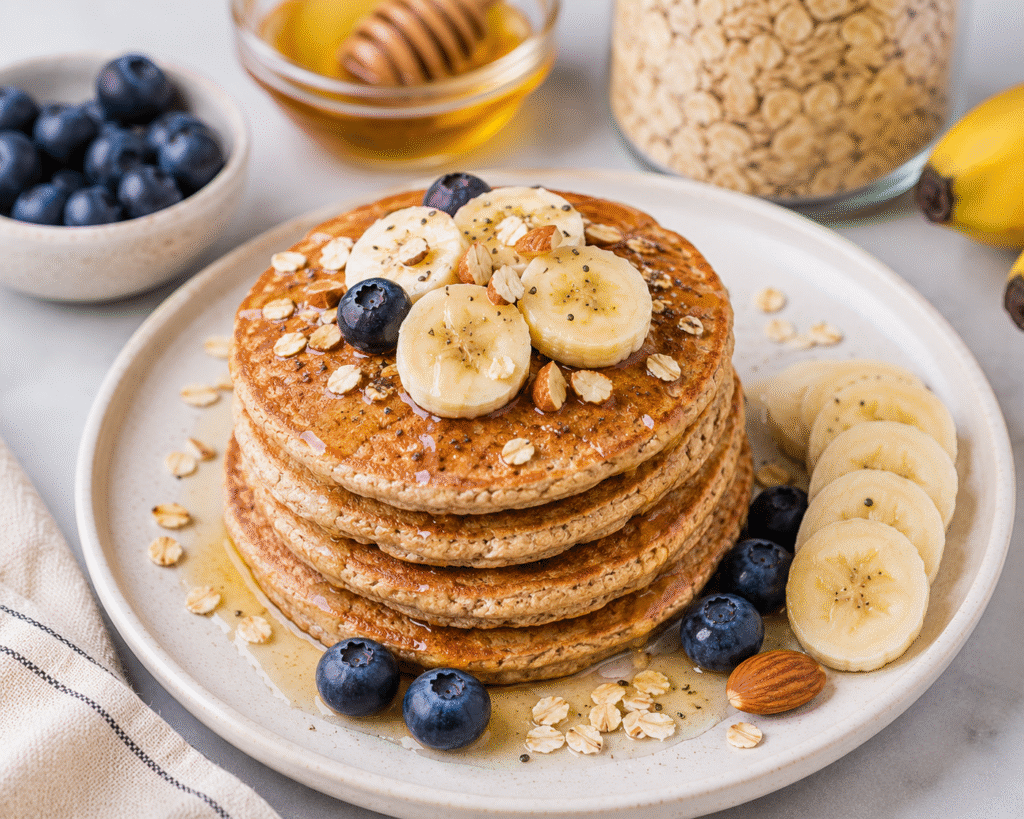 Healthy banana oat pancakes served as a low calorie breakfast