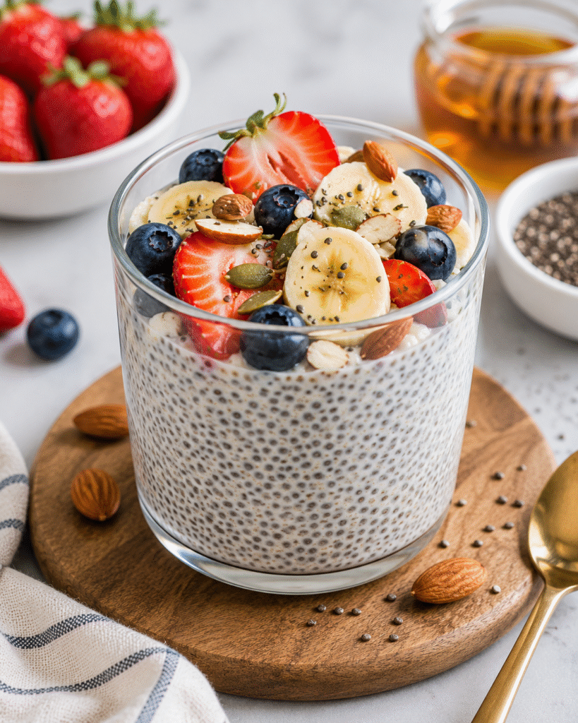 Healthy chia seed pudding with berries for a low calorie breakfast