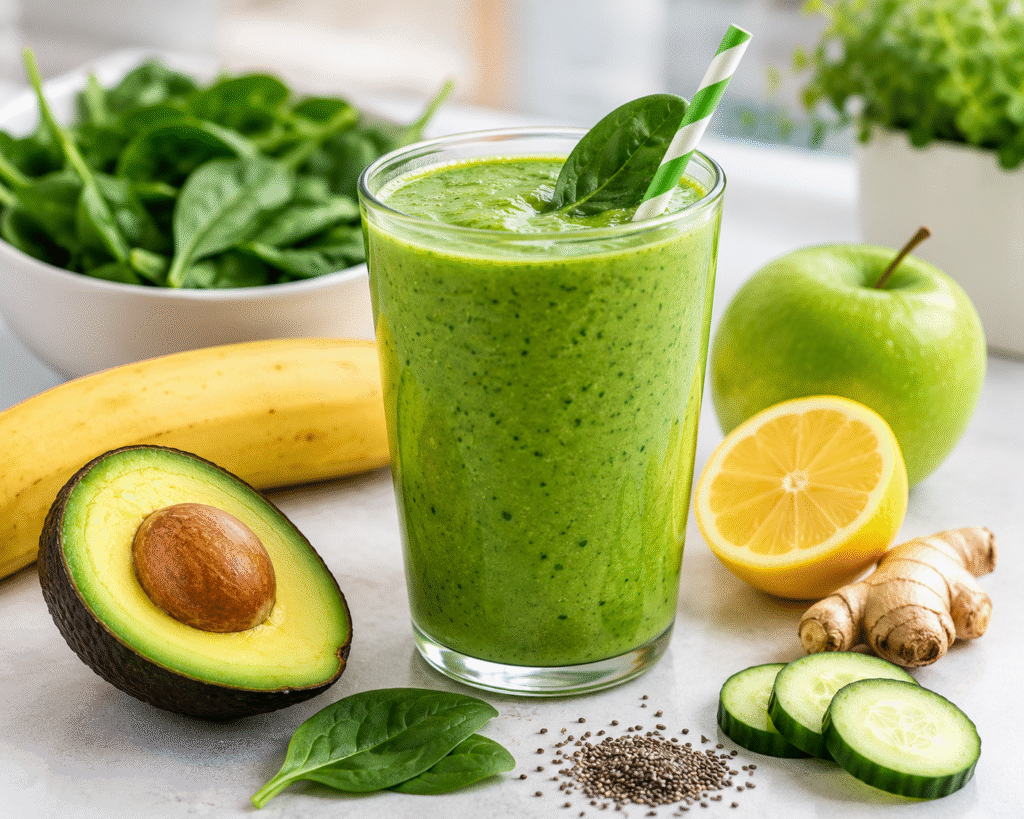 Healthy green smoothie prepared as a low calorie breakfast