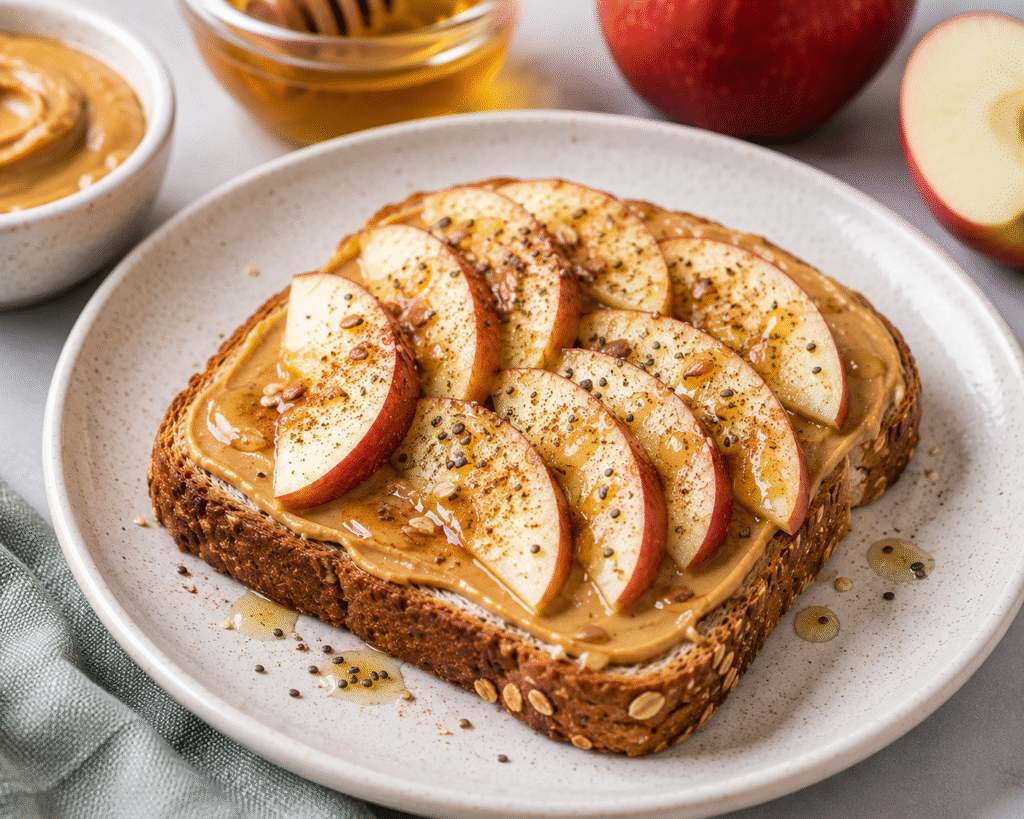 Whole grain peanut butter apple toast for a healthy low calorie breakfast
