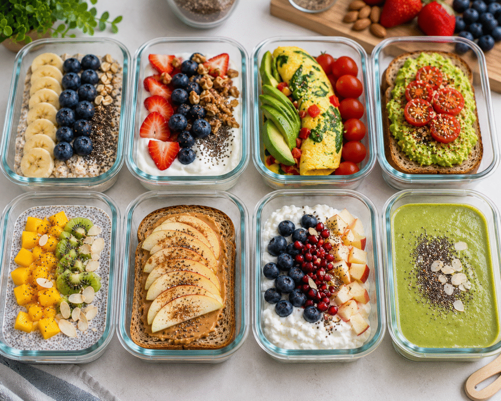 Healthy low calorie breakfast meal prep arranged in containers