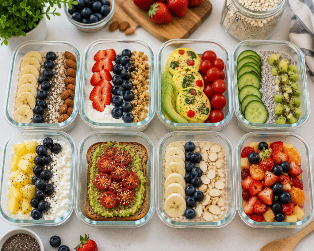Meal prep containers with healthy low calorie breakfast options